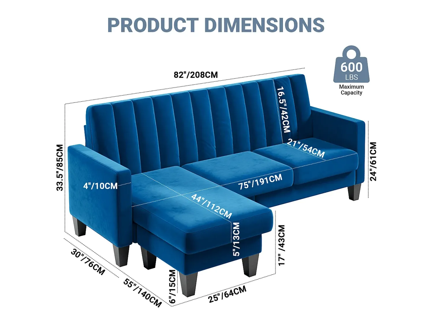 Clearance DripeX Sofá de canto de 3/4 de lugar reversível em tecido - meridiano ou pouf - listras verticais - 208x76x85cm Azul