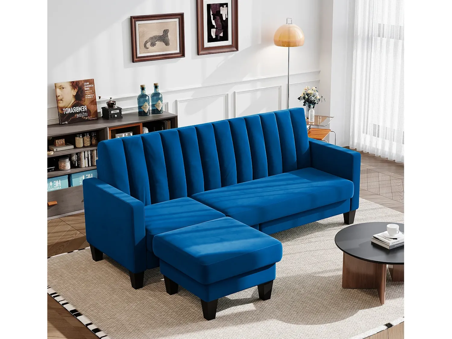 Clearance DripeX Sofá de canto de 3/4 de lugar reversível em tecido - meridiano ou pouf - listras verticais - 208x76x85cm Azul