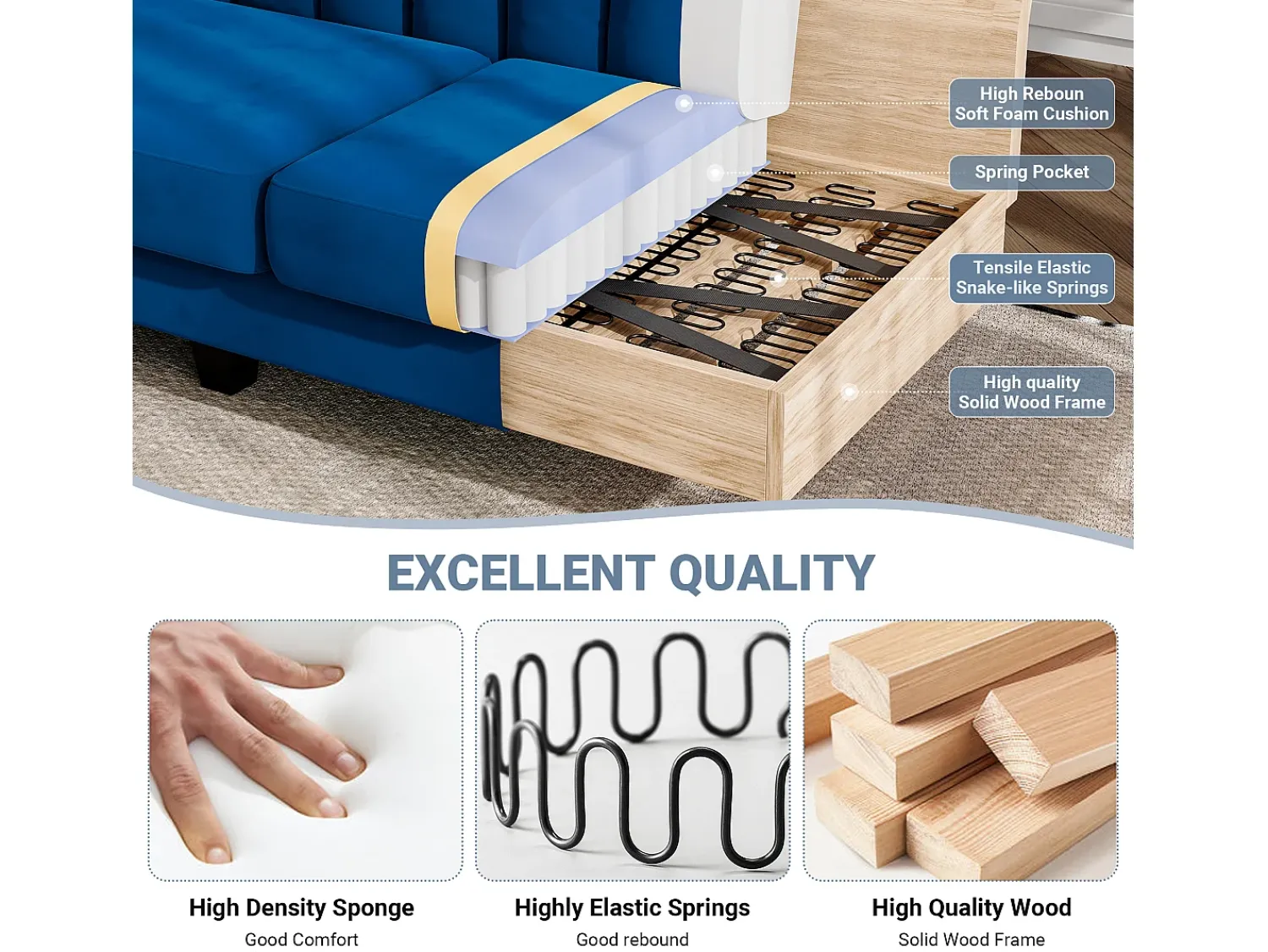 Clearance DripeX Sofá de canto de 3/4 de lugar reversível em tecido - meridiano ou pouf - listras verticais - 208x76x85cm Azul