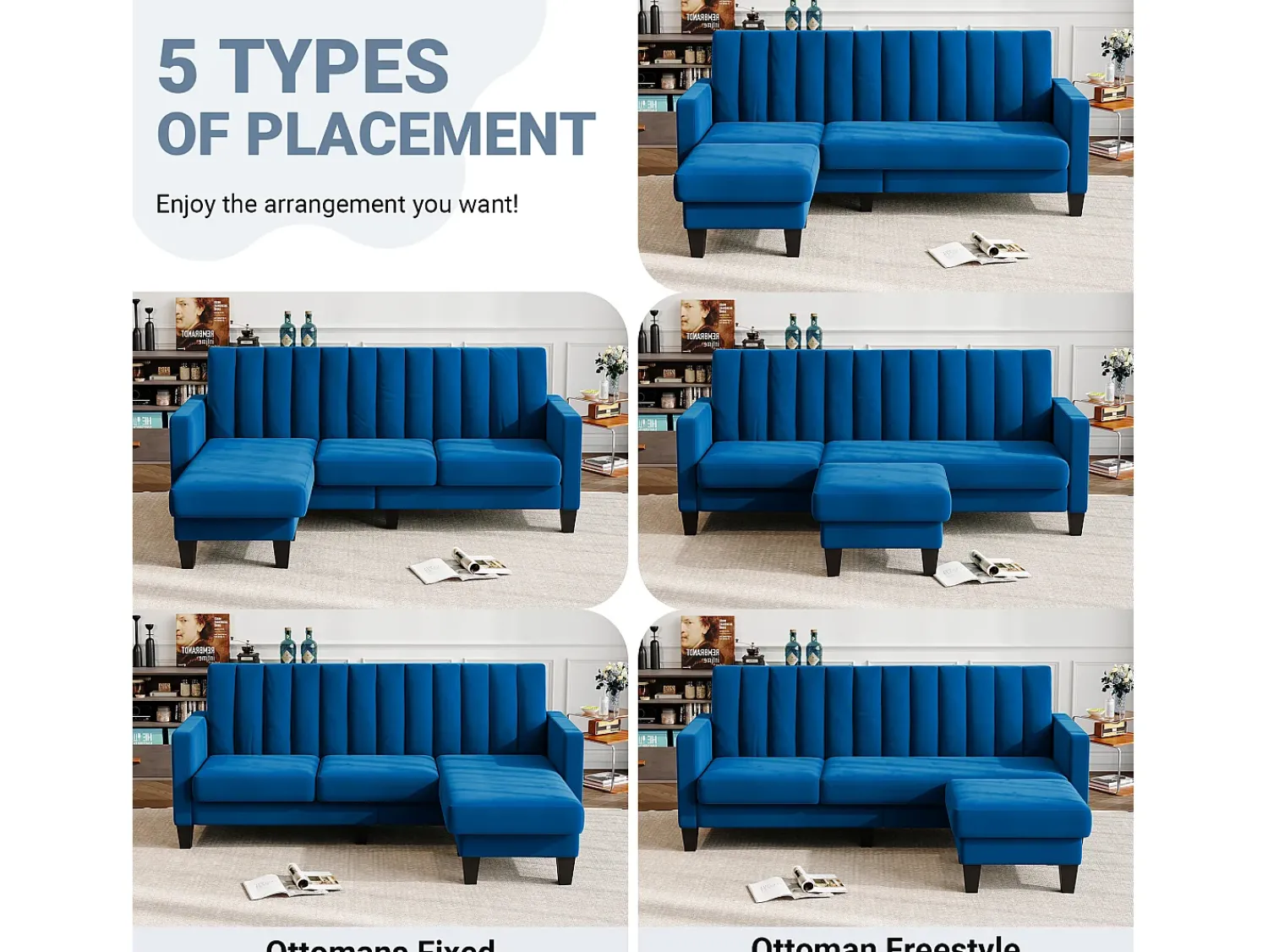 Clearance DripeX Sofá de canto de 3/4 de lugar reversível em tecido - meridiano ou pouf - listras verticais - 208x76x85cm Azul