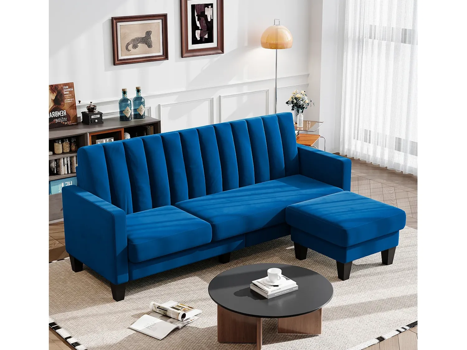 Clearance DripeX Sofá de canto de 3/4 de lugar reversível em tecido - meridiano ou pouf - listras verticais - 208x76x85cm Azul