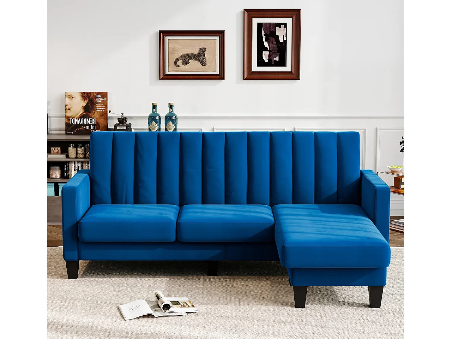 Clearance DripeX Sofá de canto de 3/4 de lugar reversível em tecido - meridiano ou pouf - listras verticais - 208x76x85cm Azul