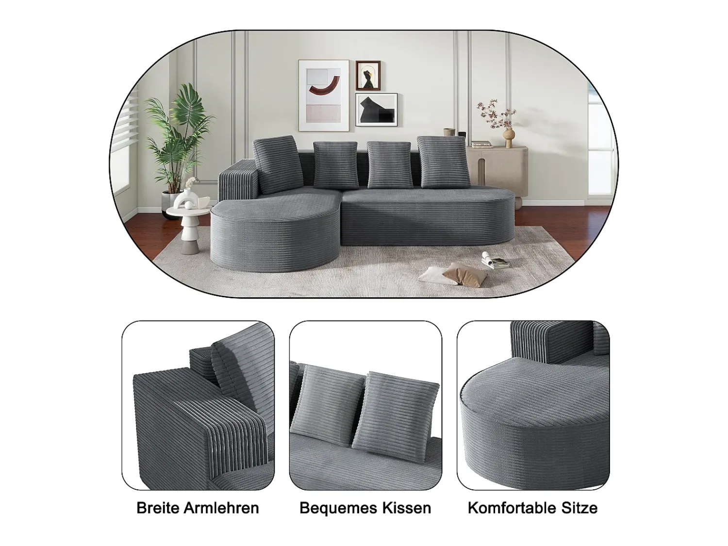 Sofá|Hauss Spole Sofá de canto de 3 lugares com 4 almofadas - Chaise longue em forma de L - Veludo cotelê - Não necessita de montagem Cinzento