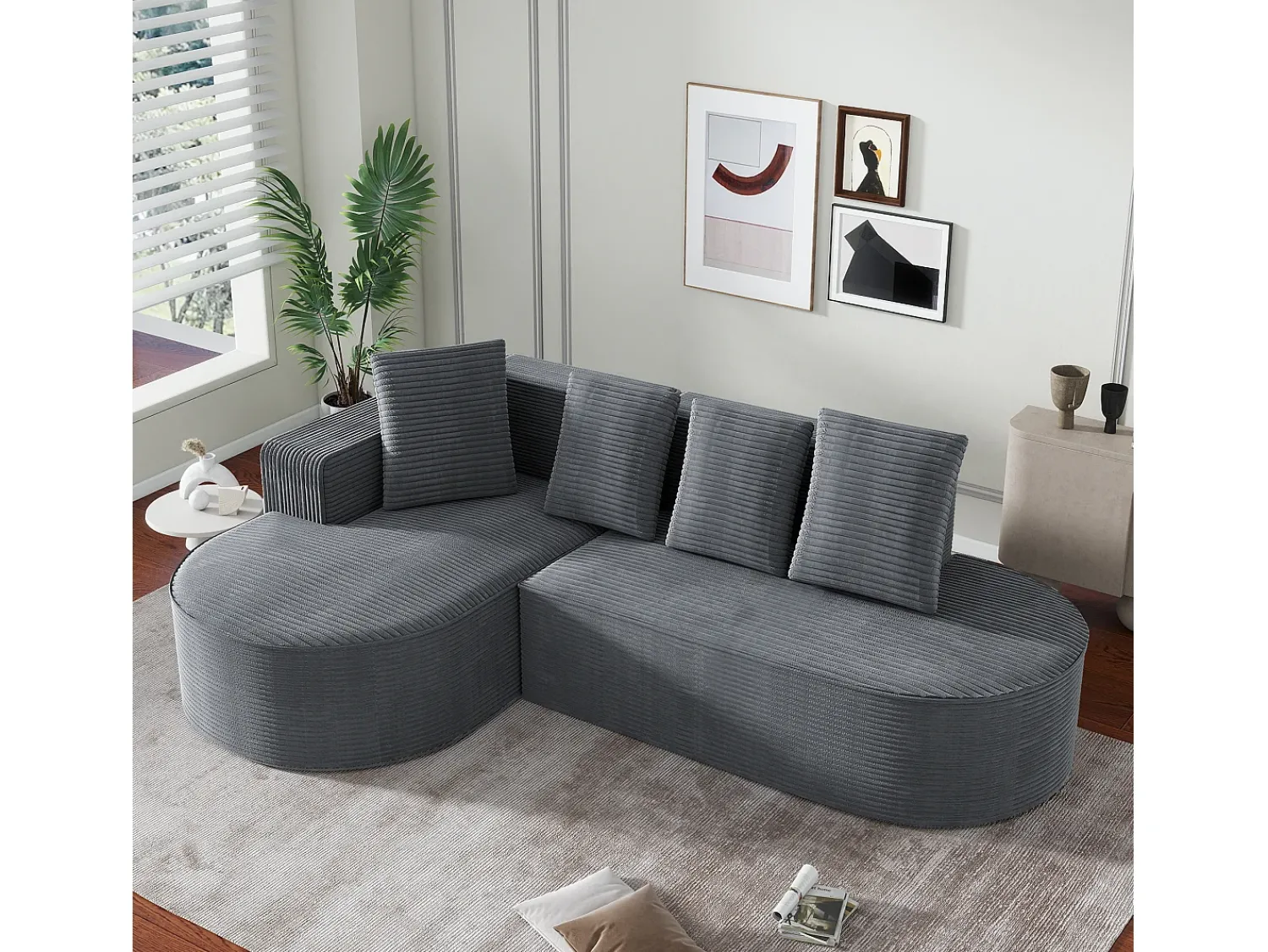 Sofá|Hauss Spole Sofá de canto de 3 lugares com 4 almofadas - Chaise longue em forma de L - Veludo cotelê - Não necessita de montagem Cinzento