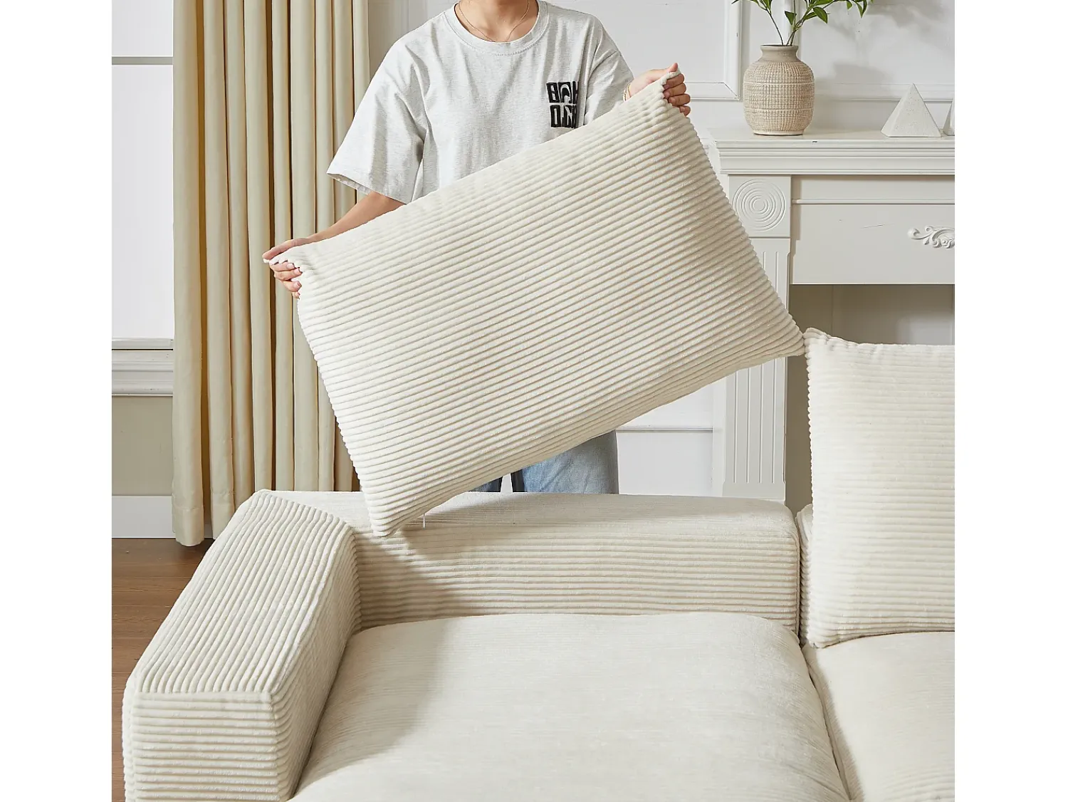 Hauss Spole Sofá de canto de 3 lugares com chaise longue e 3 almofadas - Veludo cotelê^ Sofá