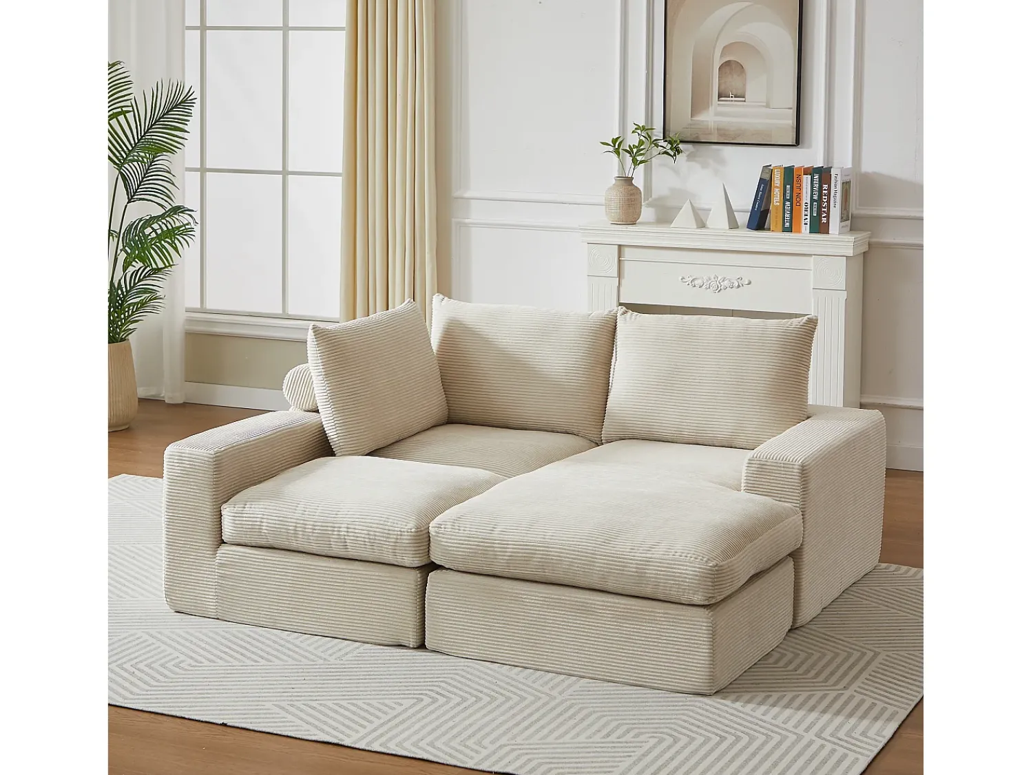 Hauss Spole Sofá de canto de 3 lugares com chaise longue e 3 almofadas - Veludo cotelê^ Sofá