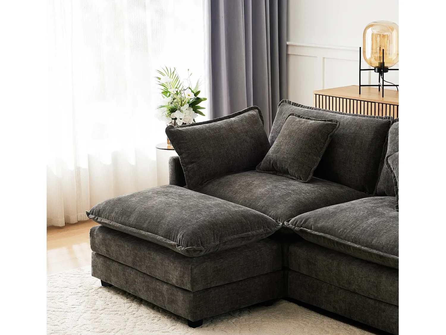 Online Merax Sofá de canto de 3 lugares com pufe - 283 x 147 x 84 - Tecido chenille - Cinza escuro Cinzento