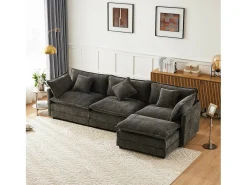 Online Merax Sofá de canto de 3 lugares com pufe - 283 x 147 x 84 - Tecido chenille - Cinza escuro Cinzento