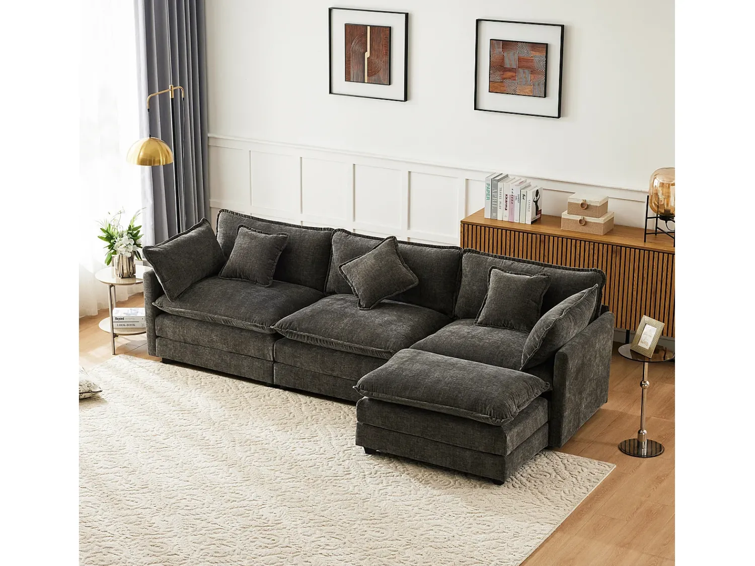 Online Merax Sofá de canto de 3 lugares com pufe - 283 x 147 x 84 - Tecido chenille - Cinza escuro Cinzento