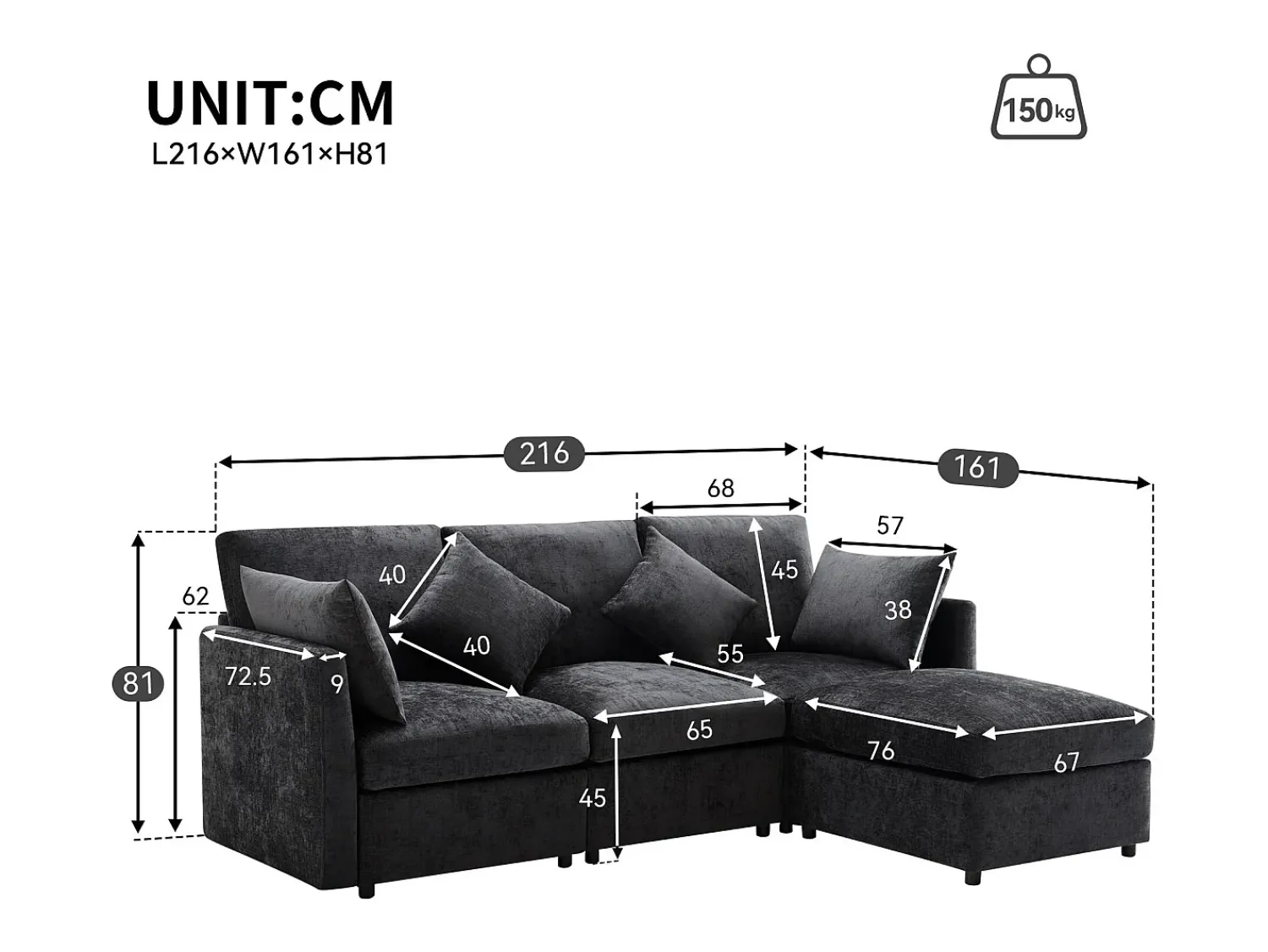 Sofá*ModernLuxe Sofá de canto de 3 lugares - com apoio para pés modular - chenille - Cinza Cinzento