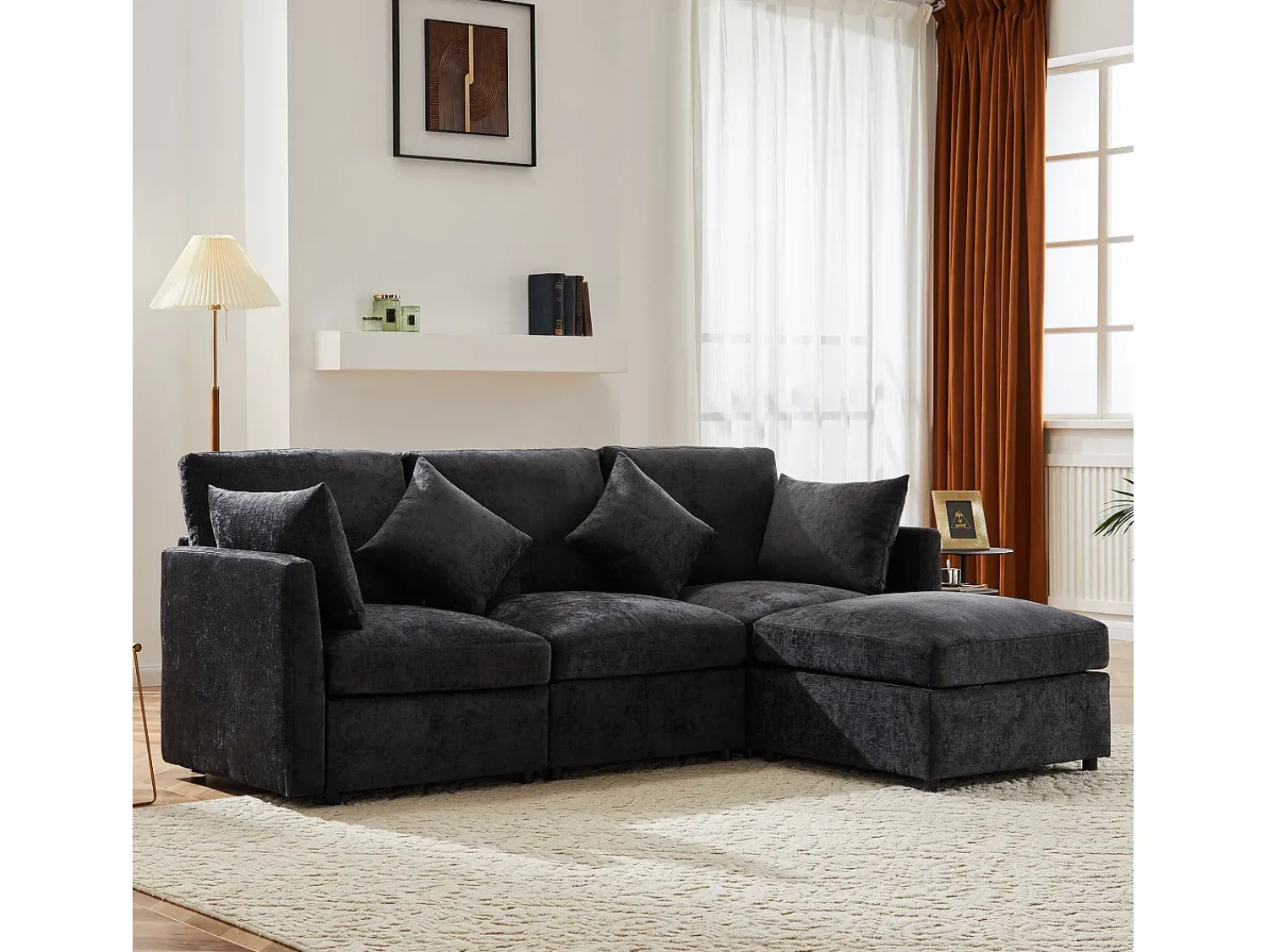 Sofá*ModernLuxe Sofá de canto de 3 lugares - com apoio para pés modular - chenille - Cinza Cinzento