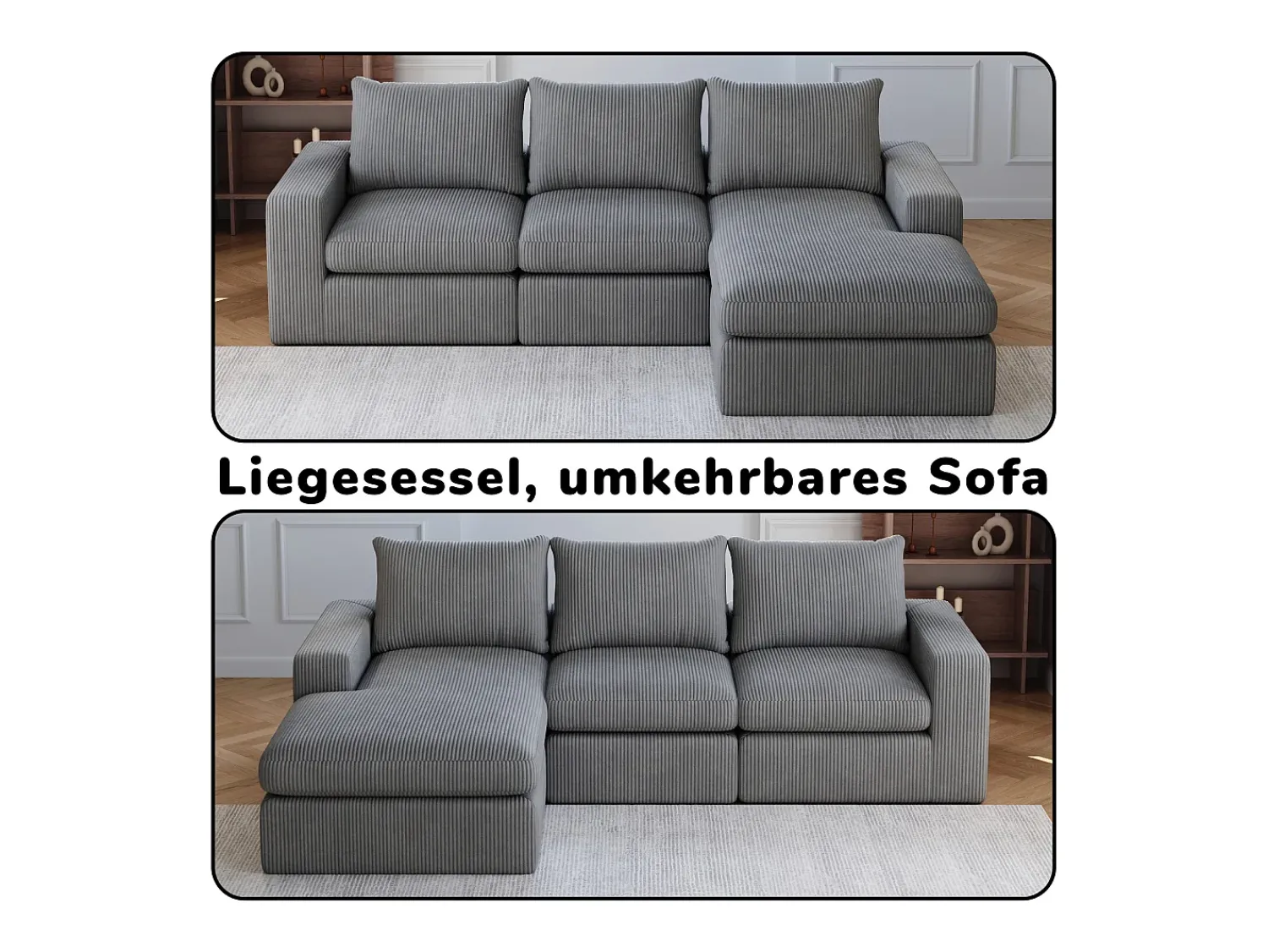 Hauss Spole Sofá de canto de 3 lugares com chaise longue e 3 almofadas - Veludo cotelê cinza escuro^ Sofá