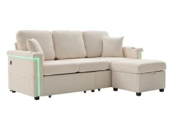 Sofá*Hauss Spole Sofá de canto de 3 lugares em bombazine - Com LEDs, portas USB/Tipo-C e 2 gavetas Bege