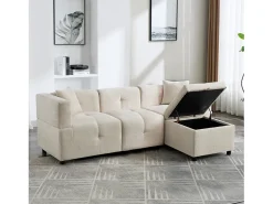 New Merax Sofá de canto de 3 lugares - 204 x 126 x 69 cm - com armazenamento + apoio para os pés removível + 2 almofadas - Chenille - branco Bege