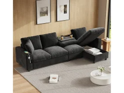 Sofá*Merax Sofá de canto de 4 lugares com 2 apoios de braço e espaço de armazenamento + mesa de centro dobrável com 2 porta-copos + porta USB - chenille - cinza Cinzento