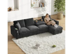 Sofá*Merax Sofá de canto de 4 lugares com 2 apoios de braço e espaço de armazenamento + mesa de centro dobrável com 2 porta-copos + porta USB - chenille - cinza Cinzento