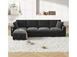 Sofá*Merax Sofá de canto de 4 lugares com 2 apoios de braço e espaço de armazenamento + mesa de centro dobrável com 2 porta-copos + porta USB - chenille - cinza Cinzento