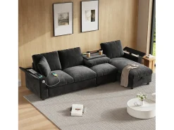 Sofá*Merax Sofá de canto de 4 lugares com 2 apoios de braço e espaço de armazenamento + mesa de centro dobrável com 2 porta-copos + porta USB - chenille - cinza Cinzento