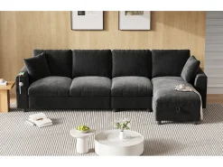 Sofá*Merax Sofá de canto de 4 lugares com 2 apoios de braço e espaço de armazenamento + mesa de centro dobrável com 2 porta-copos + porta USB - chenille - cinza Cinzento