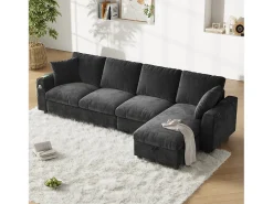 Sofá*Merax Sofá de canto de 4 lugares com 2 apoios de braço e espaço de armazenamento + mesa de centro dobrável com 2 porta-copos + porta USB - chenille - cinza Cinzento