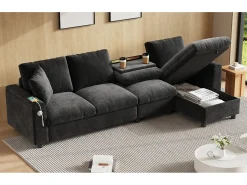 Sofá*Merax Sofá de canto de 4 lugares com 2 apoios de braço e espaço de armazenamento + mesa de centro dobrável com 2 porta-copos + porta USB - chenille - cinza Cinzento