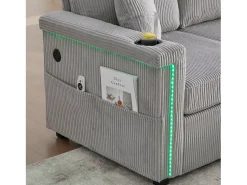 Hauss Spole Sofá de canto de 3 lugares em bombazine cinza claro - Com iluminação LED, portas USB/Tipo-C e 2 gavetas.^ Sofá
