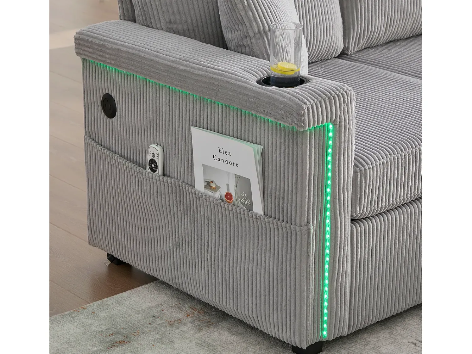 Hauss Spole Sofá de canto de 3 lugares em bombazine cinza claro - Com iluminação LED, portas USB/Tipo-C e 2 gavetas.^ Sofá