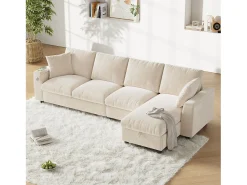 Merax Sofá de canto de 4 lugares com 2 apoios de braço e espaço de arrumação + mesa de centro dobrável com 2 porta-copos + porta USB - chenille -^ Sofá