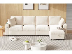 Merax Sofá de canto de 4 lugares com 2 apoios de braço e espaço de arrumação + mesa de centro dobrável com 2 porta-copos + porta USB - chenille -^ Sofá