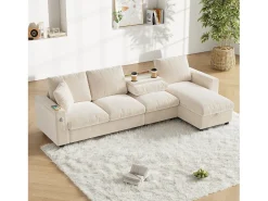 Merax Sofá de canto de 4 lugares com 2 apoios de braço e espaço de arrumação + mesa de centro dobrável com 2 porta-copos + porta USB - chenille -^ Sofá