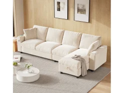 Merax Sofá de canto de 4 lugares com 2 apoios de braço e espaço de arrumação + mesa de centro dobrável com 2 porta-copos + porta USB - chenille -^ Sofá
