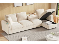 Merax Sofá de canto de 4 lugares com 2 apoios de braço e espaço de arrumação + mesa de centro dobrável com 2 porta-copos + porta USB - chenille -^ Sofá