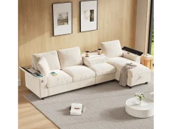Merax Sofá de canto de 4 lugares com 2 apoios de braço e espaço de arrumação + mesa de centro dobrável com 2 porta-copos + porta USB - chenille -^ Sofá