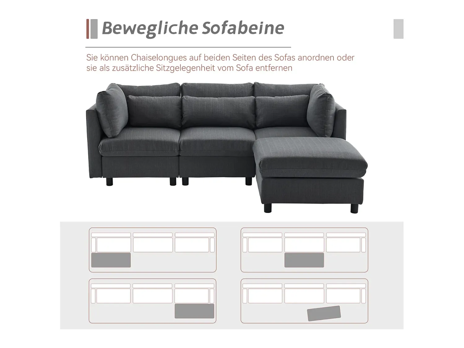 Outlet Sofá de canto de 3-4 lugares, mobiliário estofado em forma de L, tecido de linho, 220x83x81cm, Cinzento