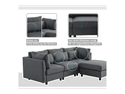 Outlet Sofá de canto de 3-4 lugares, mobiliário estofado em forma de L, tecido de linho, 220x83x81cm, Cinzento