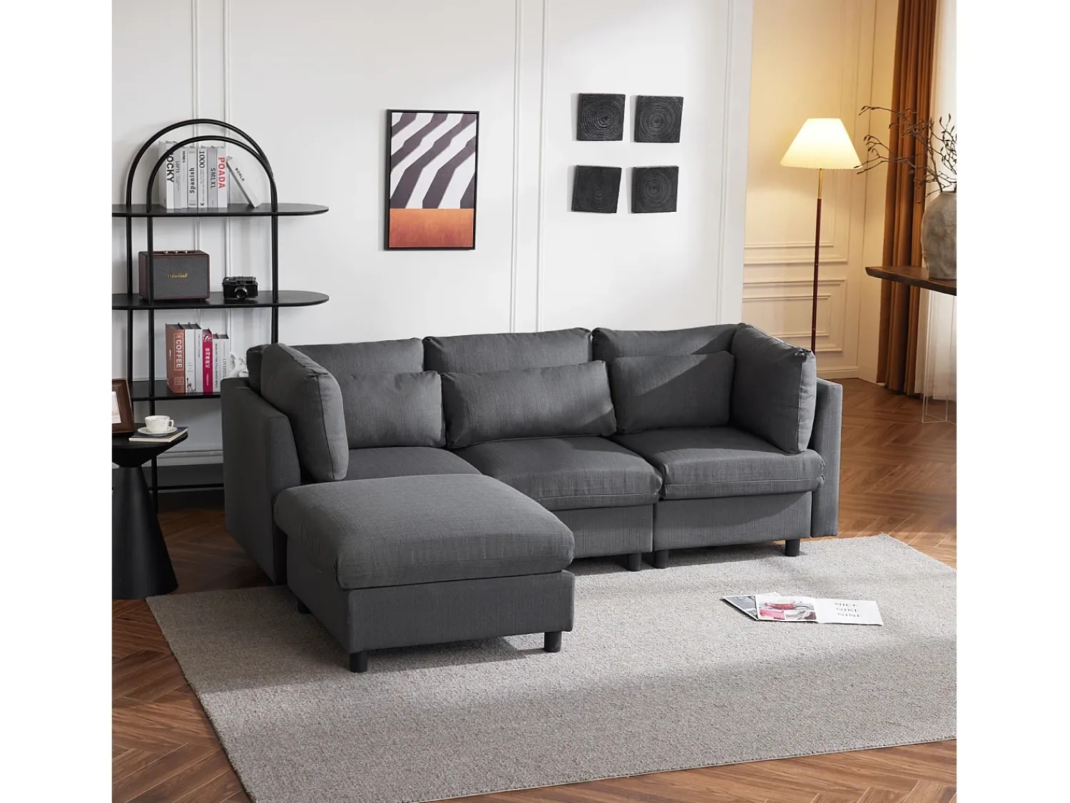 Outlet Sofá de canto de 3-4 lugares, mobiliário estofado em forma de L, tecido de linho, 220x83x81cm, Cinzento