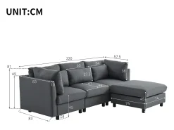 Outlet Sofá de canto de 3-4 lugares, mobiliário estofado em forma de L, tecido de linho, 220x83x81cm, Cinzento
