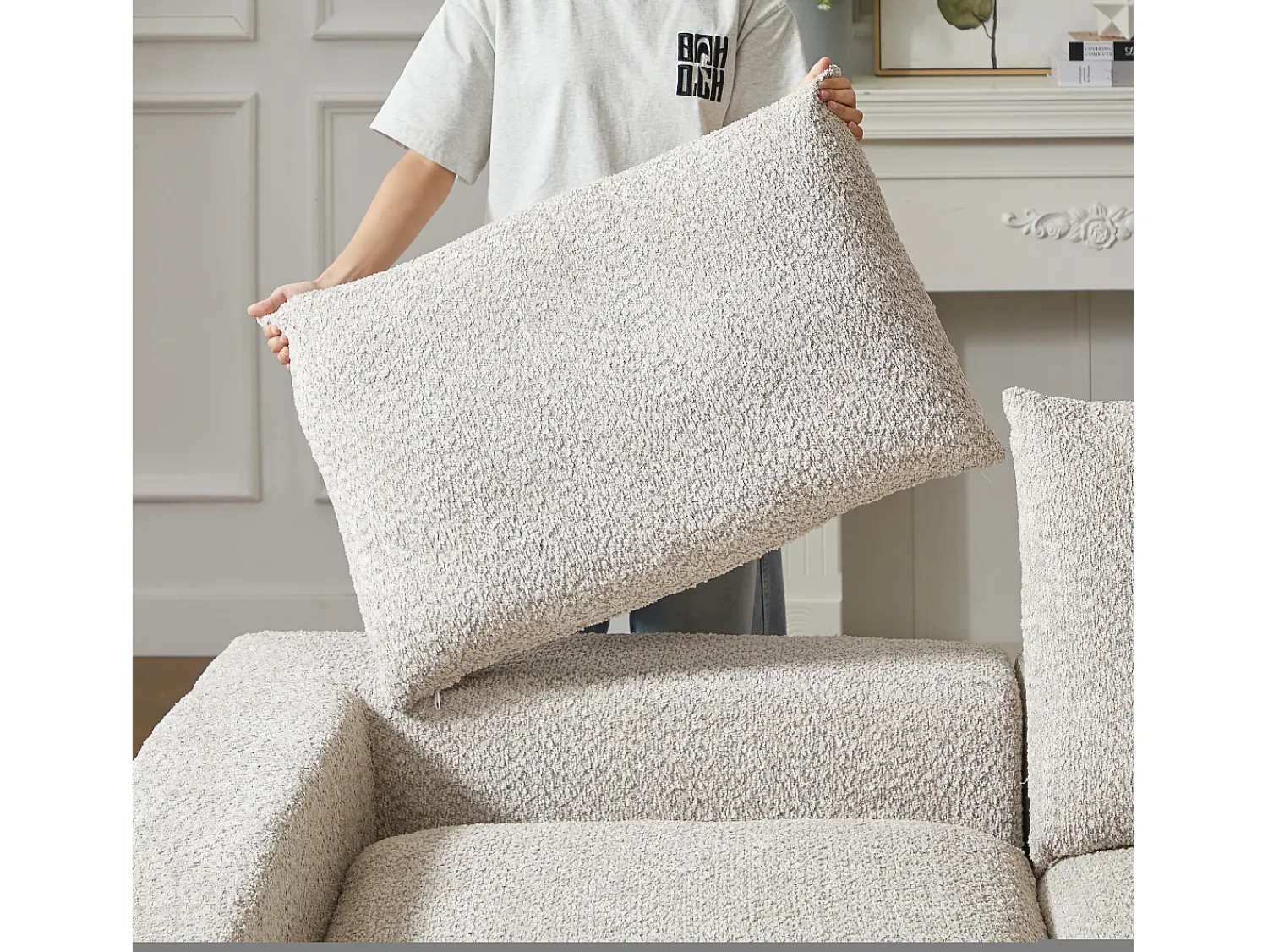 Sofá*Hauss Spole Sofá de canto de 3 lugares com chaise longue e 3 almofadas - Tecido chenille Bege