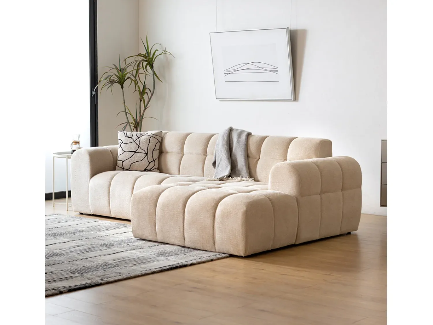 Sofá*Concept-Usine Sofá de canto de 3 lugares em veludo com chaise longue direita - Confortável e moderno Bege
