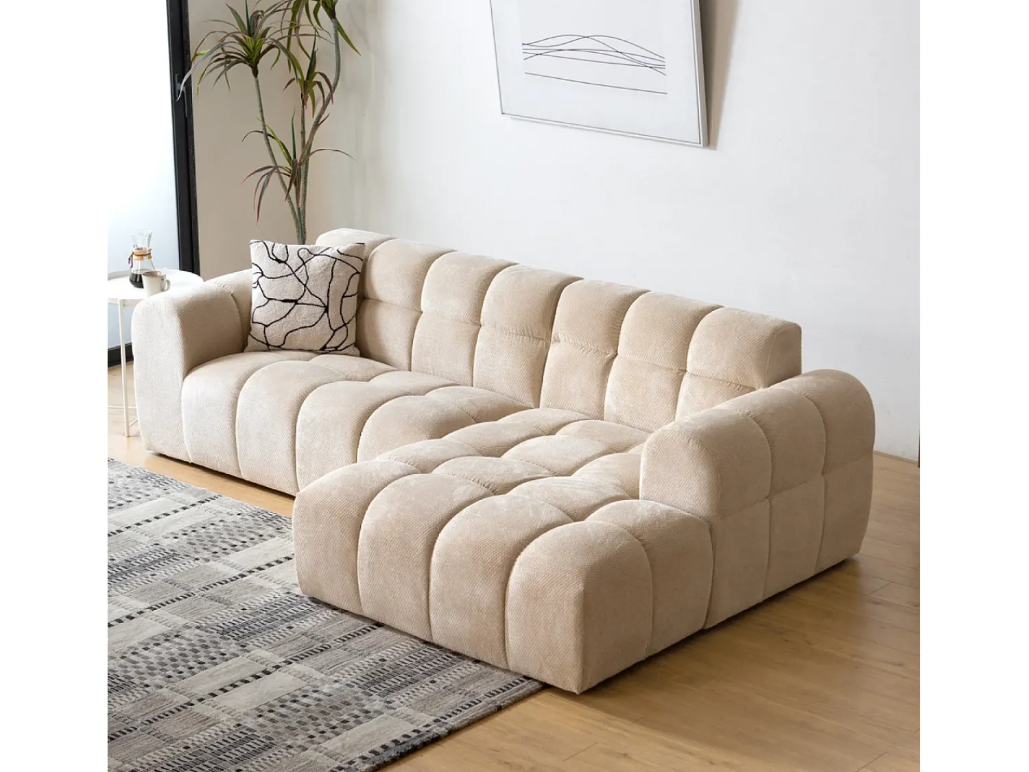 Sofá*Concept-Usine Sofá de canto de 3 lugares em veludo com chaise longue direita - Confortável e moderno Bege