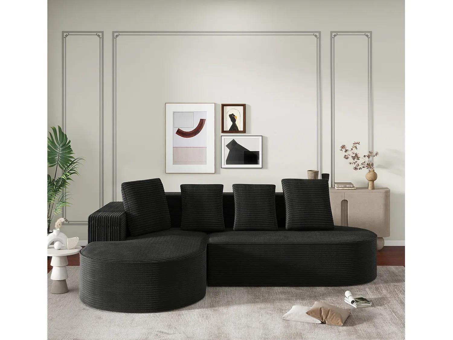 Best Hauss Spole Sofá de canto de 3 lugares com 4 almofadas - Chaise longue em forma de L - Veludo cotelê - Não necessita de montagem Preto