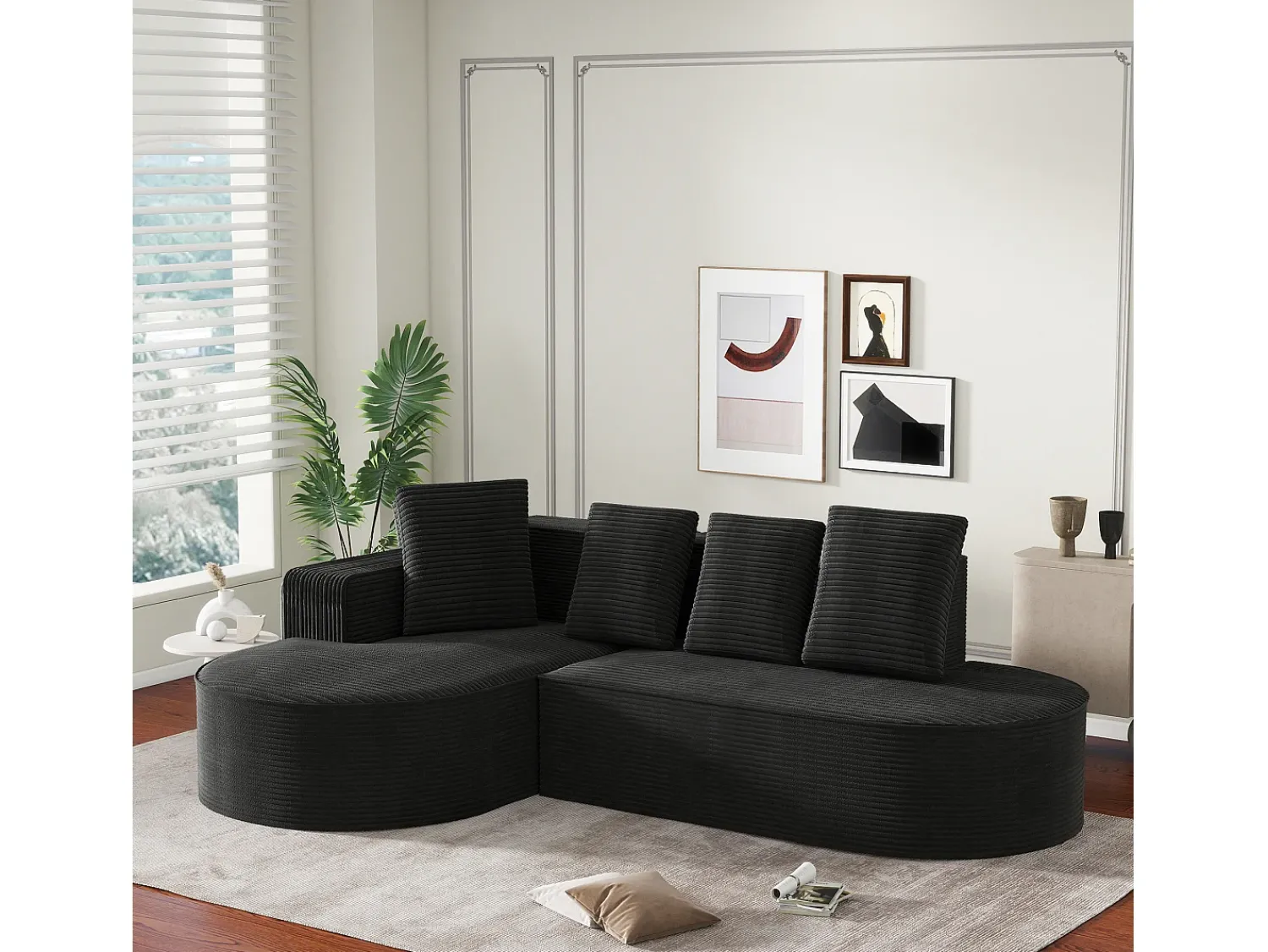 Best Hauss Spole Sofá de canto de 3 lugares com 4 almofadas - Chaise longue em forma de L - Veludo cotelê - Não necessita de montagem Preto