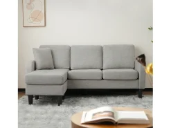 Sofá*Merax Sofá de canto de 3 lugares com chaise longue - 185 x 118 x 82 cm - tecido respirável de algodão e linho - Cinza Cinzento