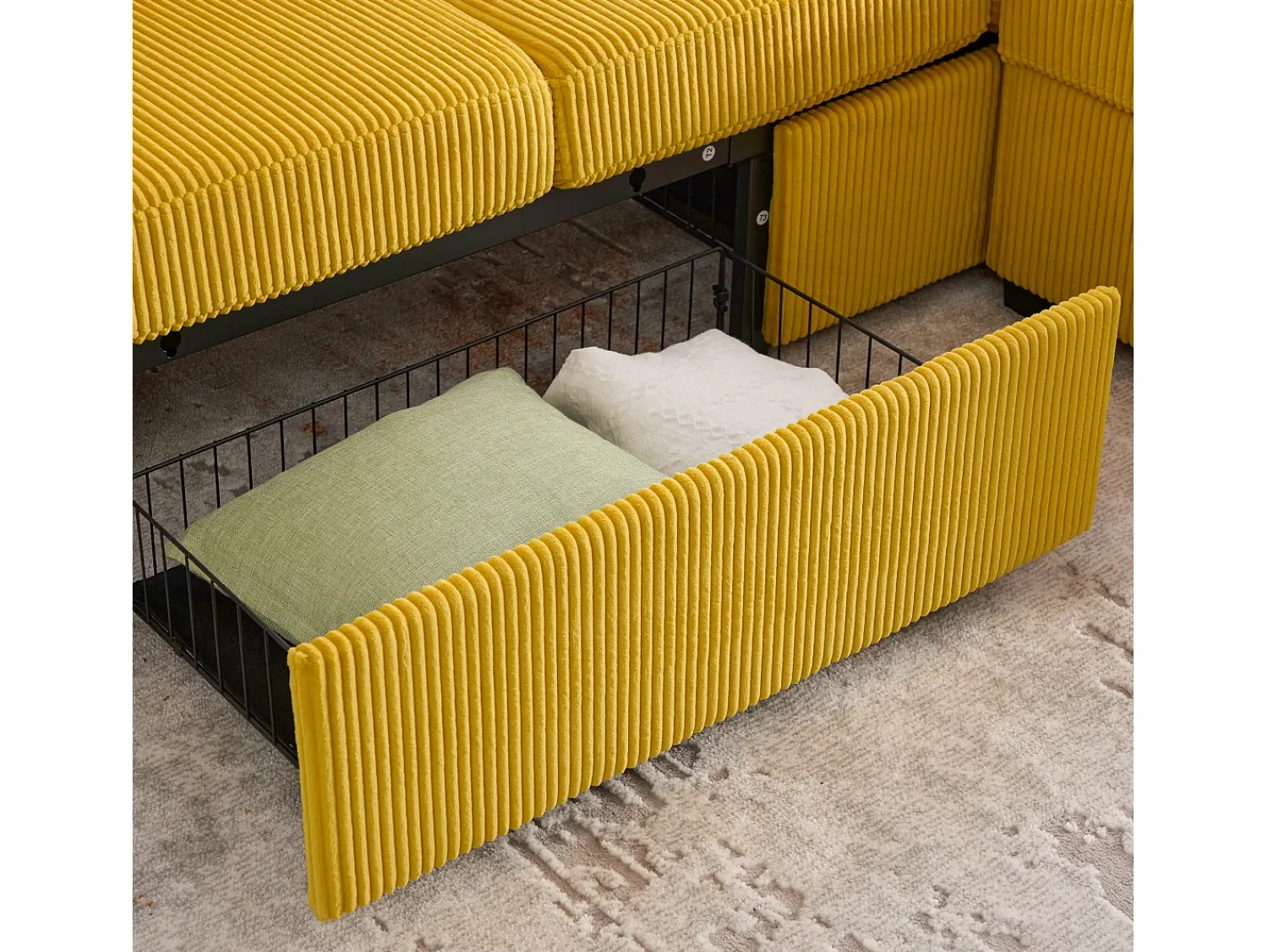 Sofá*Hauss Spole Sofá de canto de 3 lugares em bombazine - Com iluminação LED, portas USB/Tipo-C e 2 gavetas. Amarelo mostarda
