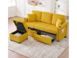 Sofá*Hauss Spole Sofá de canto de 3 lugares em bombazine - Com iluminação LED, portas USB/Tipo-C e 2 gavetas. Amarelo mostarda