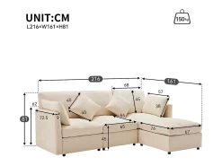 New ModernLuxe Sofá de canto de 3 lugares - com apoio para pés modular - chenille - Bege