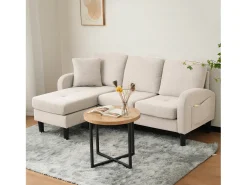 Sofá|Merax Sofá de canto de 3 lugares com chaise longue - 185 x 118 x 82 cm - tecido respirável de algodão e linho - Bege