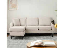 Sofá|Merax Sofá de canto de 3 lugares com chaise longue - 185 x 118 x 82 cm - tecido respirável de algodão e linho - Bege