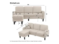 Sofá|Merax Sofá de canto de 3 lugares com chaise longue - 185 x 118 x 82 cm - tecido respirável de algodão e linho - Bege