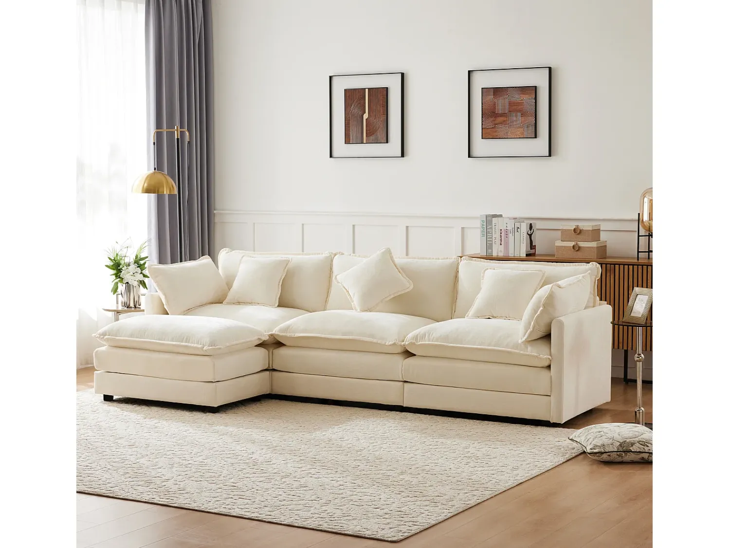 Sofá|Merax Sofá de canto de 3 lugares com pufe - 283 x 147 x 84 - Tecido Chenille - Bege